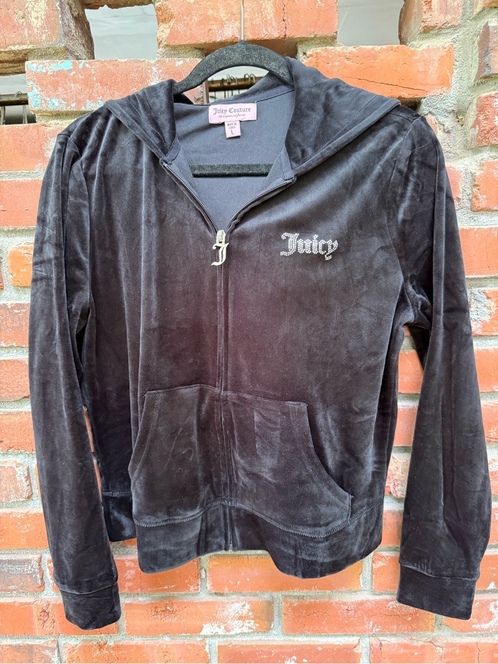 Juicy Couture Black Velour Crystal Logo Zip Hoodie